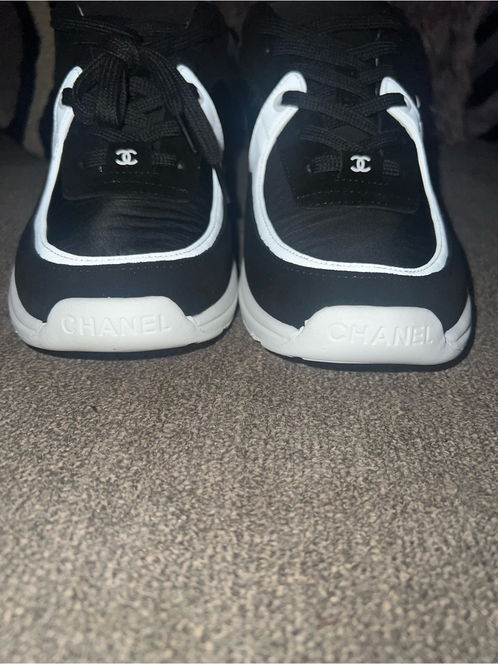 CHANEL Black and White Logo Lace-Up Sneakers - Picture 3 of 6